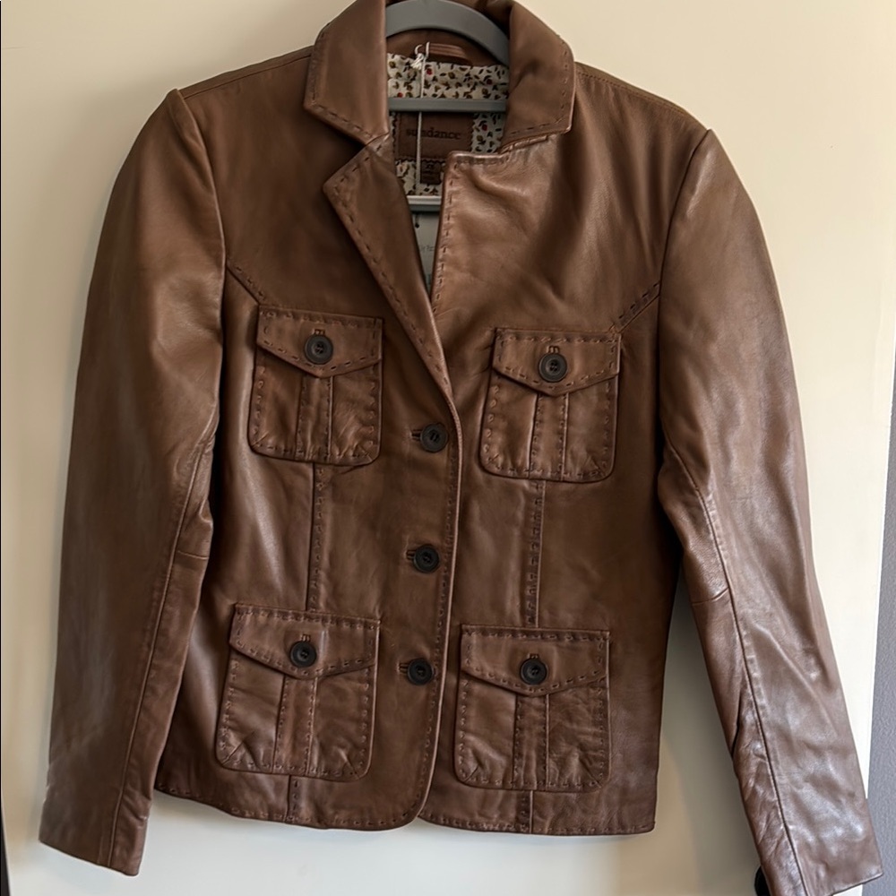 Brown Leather Jacket with Button Details